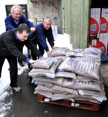Staff at Mortens in Ilkley receive a new new supply of rock salt.