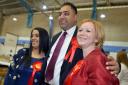 Election 2015 Odsall CountLabour Winners L-R Naz  Shah with Imran Hussain  and  Judith Cummins speaking after wining three Bradford Seats on one night. (25481125)