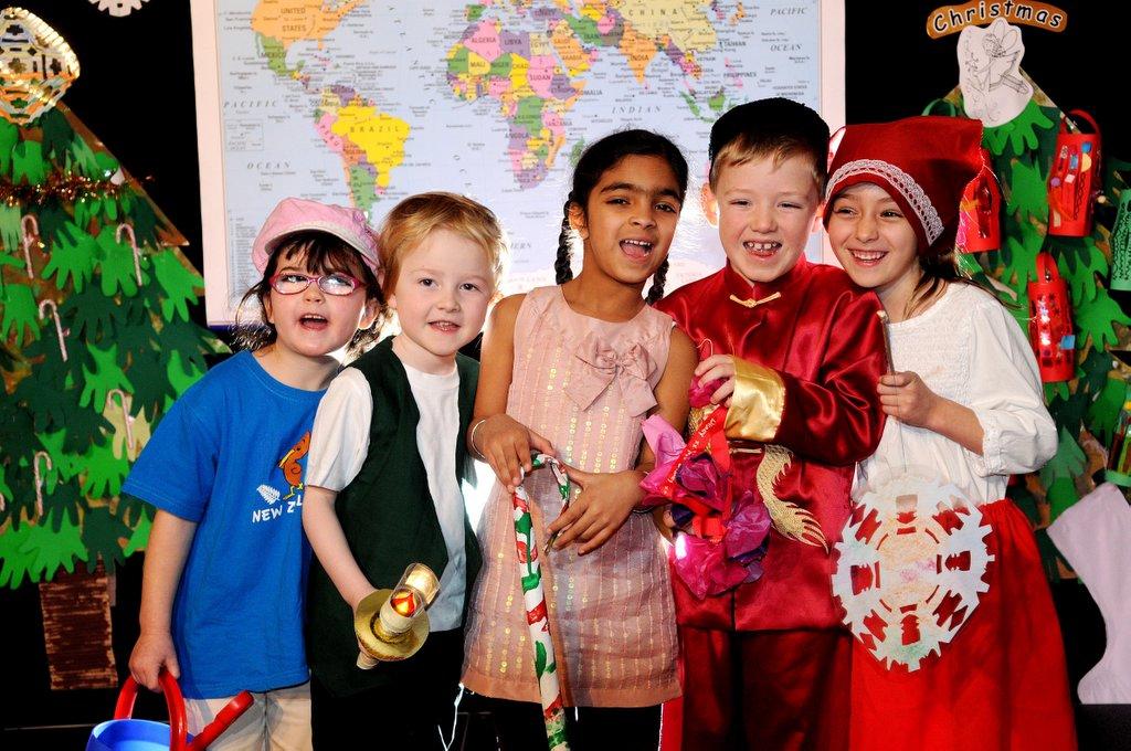 Ben Rhydding Primary School pupils who appeared in Children of the World Celebrate Christmas. From left: Ellie Boon, six, Felix Lock, five, India Kaur, five, Tom Archibald, six, and Isobel Macina, six.
