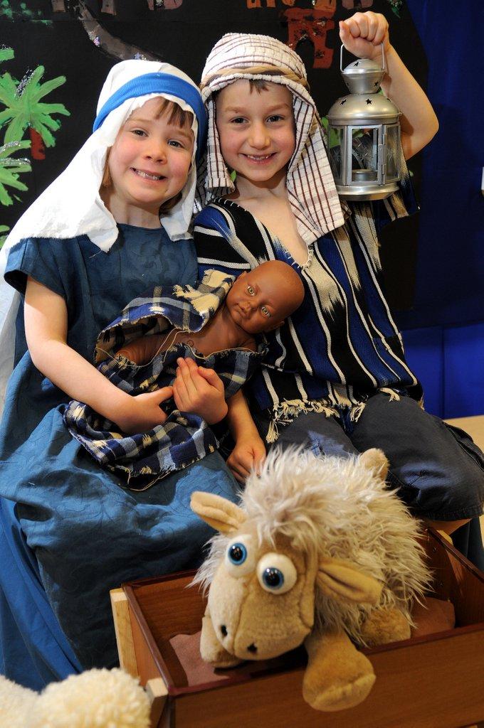 Cara Wilson and Thomas Scott, both six, as Mary and Joseph in Burley Oaks School’s production of It’s a Party.

