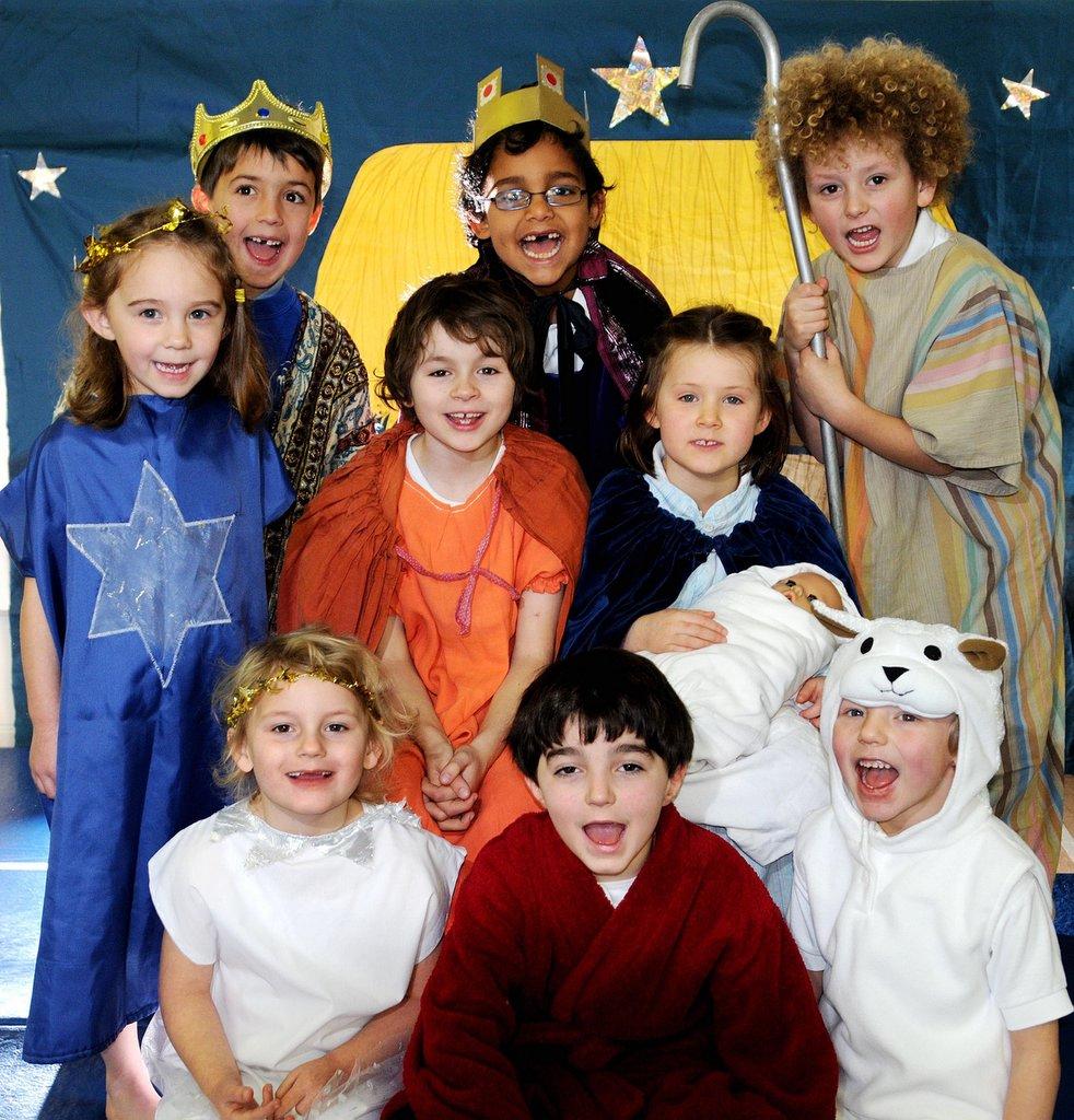 Pupils who starred in Menston Primary School’s production, Jesus, including Finn Richardson (Joseph), Joseph Bevan (inn keeper) and Poppy Britchford (Mary).