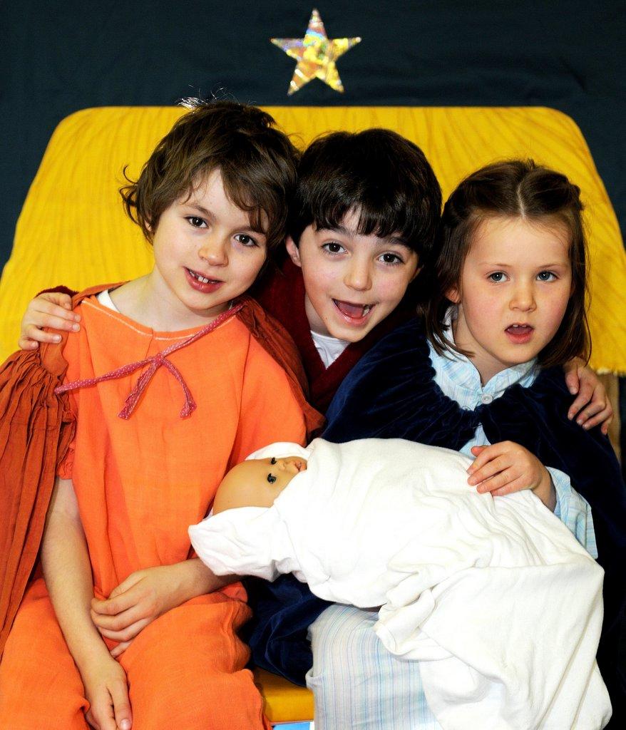 Pupils who starred in Menston Primary School’s production, Jesus, including Finn Richardson (Joseph), Joseph Bevan (inn keeper) and Poppy Britchford (Mary).