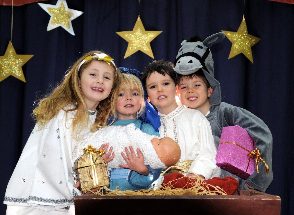 Westville House School, Ilkley, put on a production of A Little Nativity, with, from left: Clemmie Swiffen, four, Charity Clifford, four, Gregory Nattress, four, and Sebastian Dobson, five.