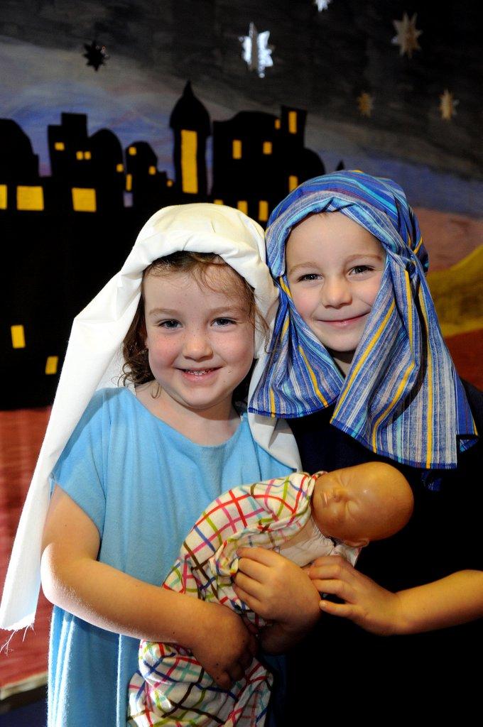 Burley Woodhead School: Ellen Johnson, four, and Edward McCarthy, five, appeared as Mary and Joseph in their school’s nativity production.