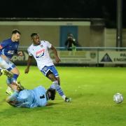 Jonathan Wafula slots home Guiseley's second in the FA Cup win over Matlock Town last night Picture: Alex Daniel