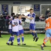 Guiseley's academy side celebrate a goal during their win over Halifax in the FA Youth Cup Third Qualifying Round Picture: Alex Daniel