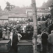 An open air service in 1912 on the site of the first Baptist Chapel in Rawdon.