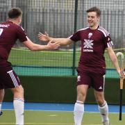 Charlie Smith celebrates opening the scoring with Ross McMillan