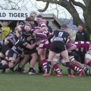 Otley (black/white) battling in the scrum at Sheffield on Saturday