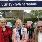 Anna Dixon with Tracy Brabin and Chris Steele at Burley-in-Wharfedale Railway Station