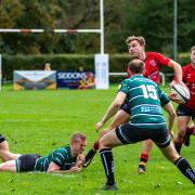 Action from Ilkley's (red) fixture with York on Saturday. Photo credit: Peter W. Clark