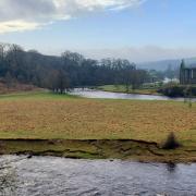 A photo looking across to Bolton Abbey Priory and the River Wharfe, taken from the Cavendish Memorial Fountain on Sunday 11th of February by Ian Naylor