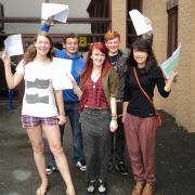 Guiseley School A-level students Chris Matthews and Alex Bibby, Vicky Helbert, Sophie Tran and Star Tong