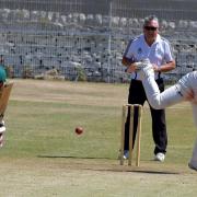 Cleckheaton's Elliott Hallas bowls to Khurram Rashid, who top-scored for Undercliffe with 50 Picture: Richard Leach