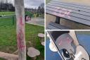 Spray paint damage on play equipment in Riverside Park