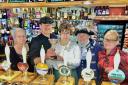 Teresa Myers, Rob Skinner (Chair of Otley Pub Club), Linda Pullan (landlady, Old Cock), Terry Ford (Otley Bellman), Meg Green