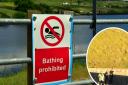 Warning signs at Ponden Reservoir, and inset, police at the scene of the tragedy in 2021