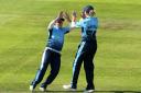 Gwen Davies, left, and Lauren Winfield celebrate taking a wicket for Yorkshire Diamonds against Western Storm at Taunton Picture: Mark Kerton/PA Wire