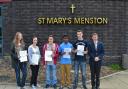 St Mary’s Catholic High School, Menston, headteacher, Robert Pritchard, with successful GCSE students