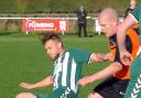Will Lee (orange shirt) netted twice for Oxenhope Recreation in the West Yorkshire League Trophy