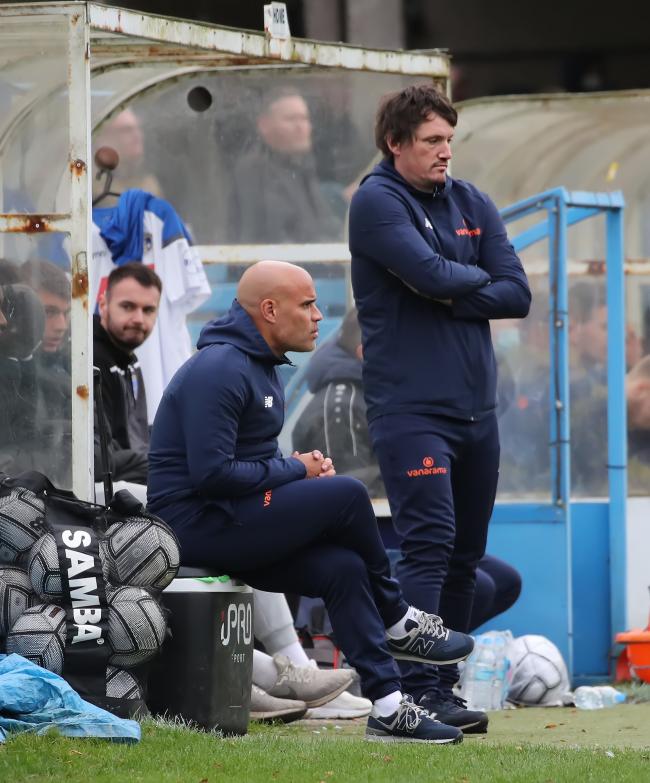 Guiseley joint-manager Marcus Bignot (centre) will not be making the trip back down to his native West Midlands tonight after all. Picture: Alex Daniel.