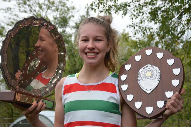 GU15 Yorkshire English Fell Champion ,Maisey Bellwood Keighley Craven AC with her trophies