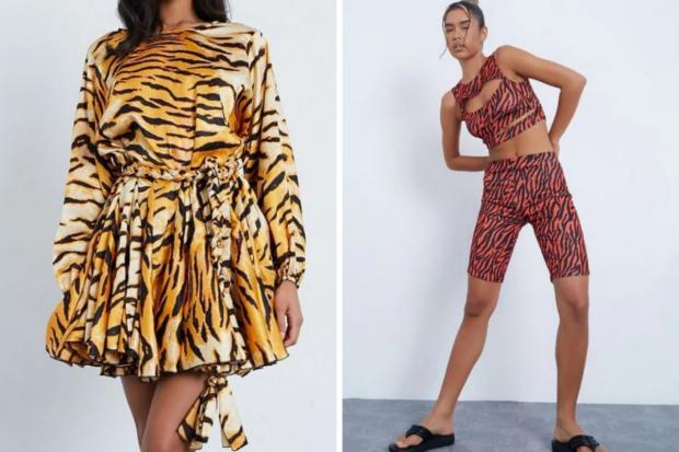 Ilkley Gazette: (Left) Burnt Orange Premium Satin Woven Tiger Tie Waist Skater Dress (Right) Black Tiger Print Cycling Shorts (I Saw It First/Canva)