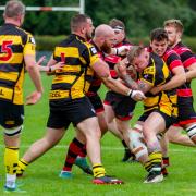 Ilkley (red and black) thrashed Consett on Saturday. Pic: Peter Clark