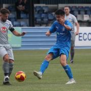Takuo Jitsukawa (blue) came on for his Ilkley Town AFC debut late on, but neither he nor his team-mates could find a breakthrough.