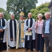 Revd Paul Witherington, Archdeacon Andy Jolly, Bishop Toby, Revd Phil Bishop, Wardens, Val McKenzie and Mark Selby