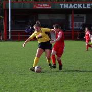 Action from the WRCWFL Premier Division match between Thackley (in red) and Silsden.  Pic courtesy of Gavin Penrose