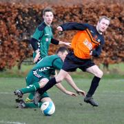 Tom Marshall, right, scored twice for Oxenhope Recreation against Cross Hills