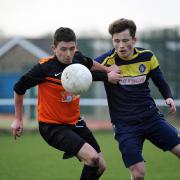 Dan Moriarty, left, scored for Oxenhope Recreation in their West Yorkshire League Cup victory at Baildon Trinity Athletic