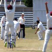 Woodlands' Kez Ahmed traps Gomersal's Chris Rhodes lbw in a remarkable spell of 5-7 Picture: Richard Leach