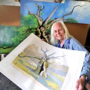 Ilkley artisit Joy Godfrey with her silk screen print of the tree at Bolton Abbey.that will be on show at Leeds City Art Gallery.