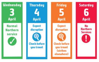 ASLEF strike travel advice calendar from April 3 to 10, 2024