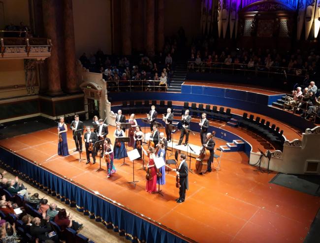 Tasmin Little (front row centre) and the European Union Chamber Orchestra at Leeds Town Hall